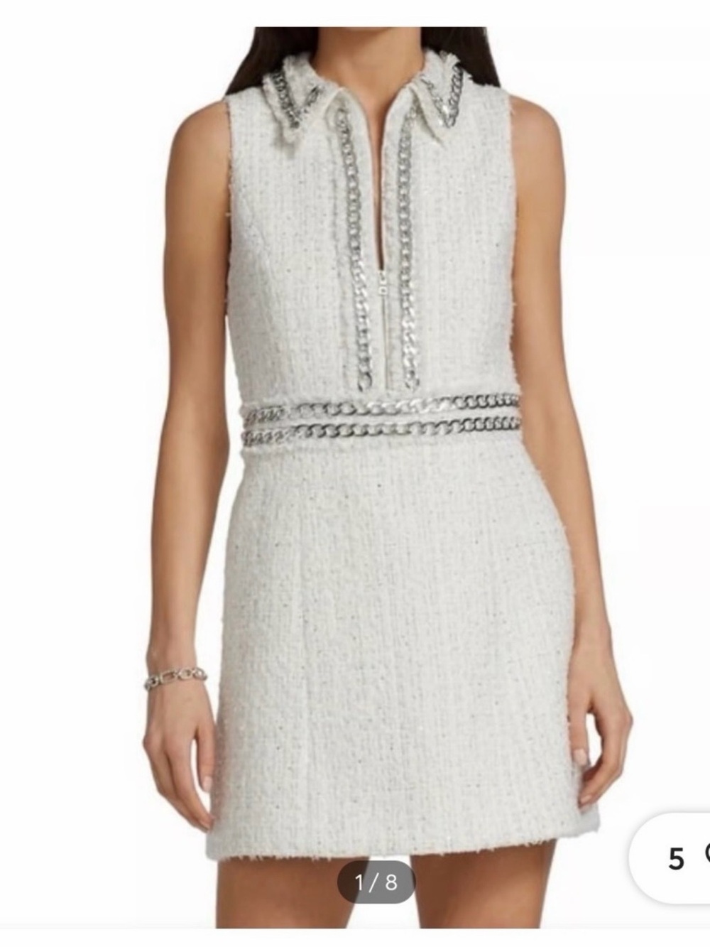 Alice + Olivia White Tweed Mini Dress with Silver Chain Trim